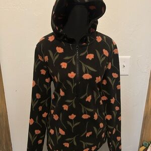 O'Neill Black and Orange Poppy Floral Women's Fleece Quarter Zip Hooded Jacket